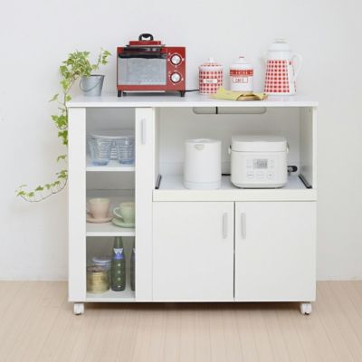 幅90cm 食器棚 SIMシリーズ ガラス扉 コンパクト スライド棚 可動棚 2口コンセント キャスター付き キッチンカウンター キッチン収納 レンジ台 レンジボード 白