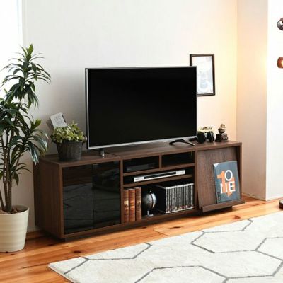 テレビ台 リビングボード ハイタイプ ガラス扉×フラップ扉 配線収納 幅1500×奥行430×高さ500mm