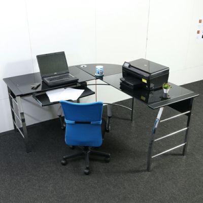 ガラスPCデスク L型 ワークデスク 在宅勤務 キーボードトレイ コードホルダー付属 強化ガラス スチール脚 シンプルデザイン 幅1560×奥行1560×高さ760mm