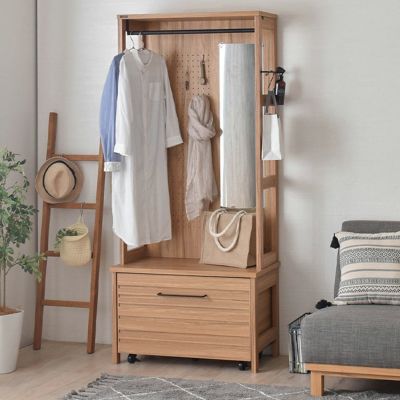 幅80cm ハンガーラック 鏡付き 引き出し付き 衣類収納 ラック コートハンガー コートラック 洋服 掛け コート掛け 北欧 リビング 白 ホワイト アイボリー ナチュラル