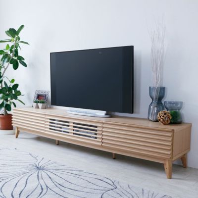【設置無料】幅200cm 木製 テレビボード ～80型対応 格子デザイン 引出し付き 収納 無垢材 天然木 フラップ扉 ローボード テレビ台 TVボード おしゃれ 北欧 ナチュラル ブラウン ルンバブル