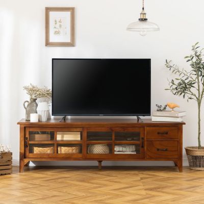 幅150cm 木製 ローボード アンティーク風 ～55型対応 ガラス扉 天然木 引出し付き テレビボード テレビ台 収納 TV台 カフェ風 ヴィンテージ風 レトロ調 完成品
