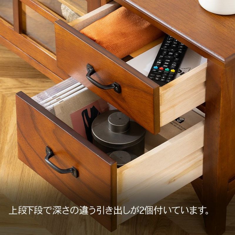 幅150cm 木製 ローボード アンティーク風 ～55型対応 ガラス扉