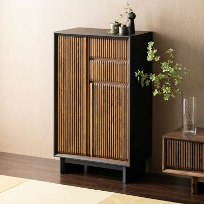 【設置無料】幅75cm 木製 和モダン キャビネット 和風 扉付き 格子 引き出し 脚付き モダン サイドボード 収納 リビングボード 和室 リビングキャビネット おしゃれ グレー 黒