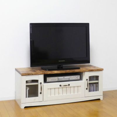 幅105cm カントリーTV台 テレビ台 収納 収納扉 木目調 白木目柄 背面コード穴 配線穴 カントリースタイル