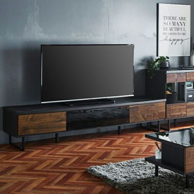 【設置無料】幅175cm ローボード 日本製 木目調 ガラス扉 スチール脚 引き出し付き 収納 テレビボード ロータイプ テレビ台 おしゃれ ブルックリン 和モダン ナチュラル ブラウン ルンバブル