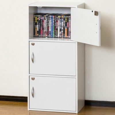 幅42cm 鍵付き 3段ボックス カラーボックス 背面化粧仕上げ ロッカー 本棚 ラック キーボックス 扉付き 取っ手付き ブラウン ホワイト 鍵 棚 シンプル