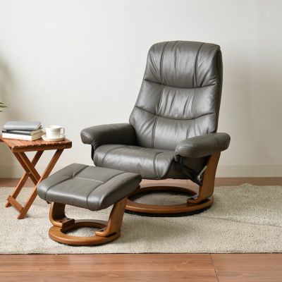 【設置無料】幅82cm パーソナルチェア 本革張り リクライニングチェア 1人掛けソファ オットマン付き 回転式