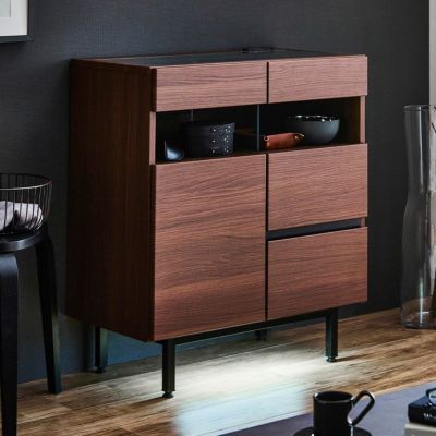 【設置無料】幅74cm モダン リビングキャビネット セラミック調 木目調 LED付き 引出し付き 2口コンセント付き 収納 天板ガラス張り サイドボード グレー ブラウン