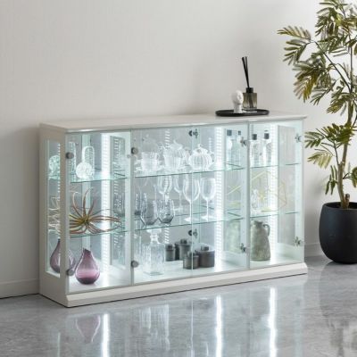 【設置無料】幅140cm ロータイプ コレクションケース VAGIO ガラス LED 照明付き 背面ミラー 横型 収納 棚 フィギュアケース コレクションボード 収納棚 飾り棚 おしゃれ 白 黒