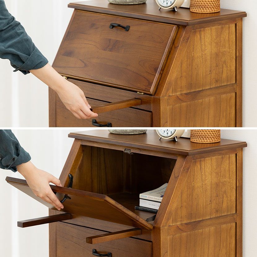 幅60cm 木製 ライティングチェスト アンティーク風 引出し付き 天然木 