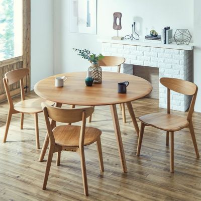 【設置無料】4人用 木製 ダイニングテーブルセット 5点 オーク 天然木 ウッドチェア ダイニングチェア おしゃれ 北欧 シンプル ナチュラル (幅120cm 円形 テーブル×1 板座 チェア×4)