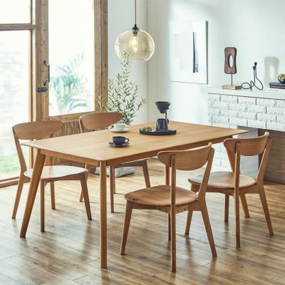 【設置無料】4人用 木製 ダイニングテーブルセット 5点 オーク 天然木 ウッドチェア ダイニングチェア おしゃれ 北欧 シンプル ナチュラル (幅150cm 長方形 テーブル×1 板座 チェア×4)