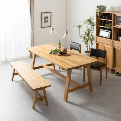 【設置無料】4人用 ダイニングセット 4点 テーブル(幅180cm)＋チェア2脚(PVC)＋ベンチ1脚 ソイル soil 木製 天然木 広々サイズ スタッキング 食卓セット ダイニング ナチュラル