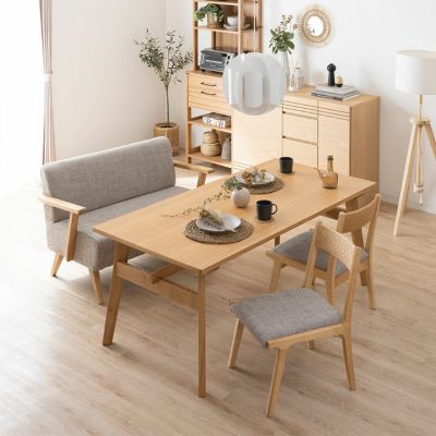 【設置無料】4人用 リビングダイニングセット 4点 (幅160cmテーブル＋チェア2脚＋ソファ1脚) ロースタイル 低め 広々 木製 天然木 布張り 食卓セット カフェ風 北欧 ナチュラル
