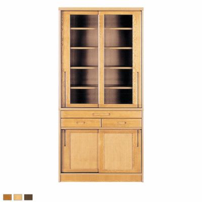 【設置無料】浜本工芸 幅95cm No.1800 食器棚 日本製 木製 天然木 ナラ材 ガラス扉 スライドテーブル付き 引き出し付き 収納 カップ ボード キッチンボード おしゃれ ナチュラル