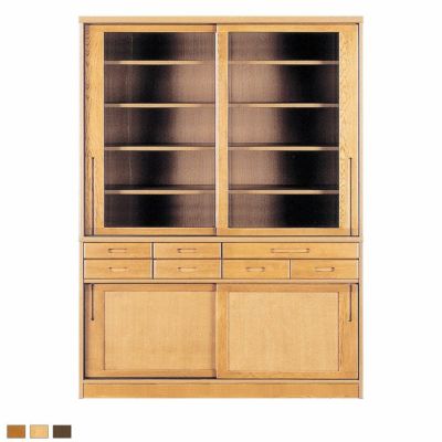 【設置無料】浜本工芸 幅145cm No.1800 食器棚 日本製 木製 天然木 ナラ材 ガラス扉 スライドテーブル付き 引き出し付き 収納 カップ ボード キッチンボード おしゃれ ナチュラル