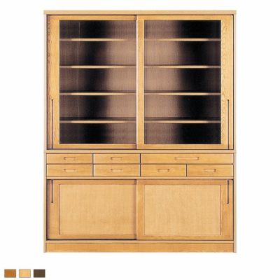 【設置無料】浜本工芸 幅155cm No.1800 食器棚 日本製 木製 天然木 ナラ材 ガラス扉 スライドテーブル付き 引き出し付き 収納 カップ ボード キッチンボード おしゃれ ナチュラル