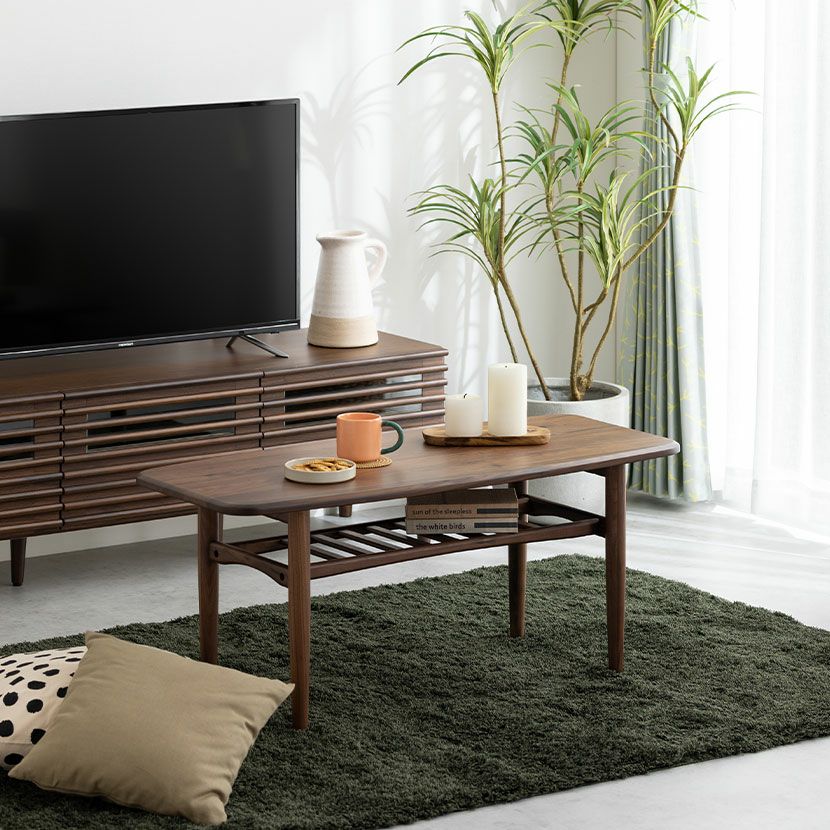 幅105cm リビングテーブル 木製 ウォールナット 無垢材 長方形 収納 棚