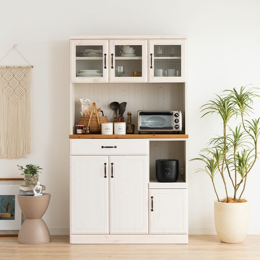 幅104.5cm 食器棚 日本製 木製 ガラス扉 スライド棚付き