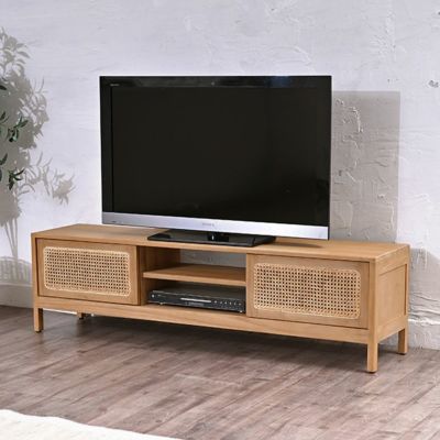 幅150cm 木製 テレビボード 無垢 チーク ラタン テレビ台 収納 配線穴付き 籐家具 脚付き ローボード おしゃれ ナチュラル 北欧 韓国 アジアン リビング 完成品 ルンバブル