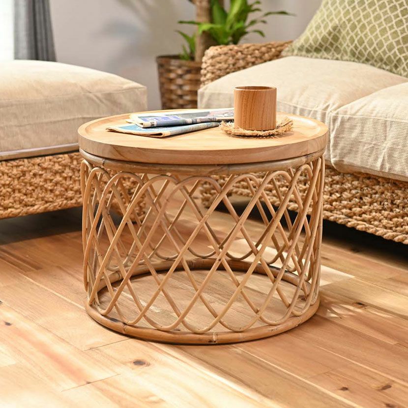 幅50cm 円形 サイドテーブル 無垢 チーク ラタン 丸テーブル ラウンド  