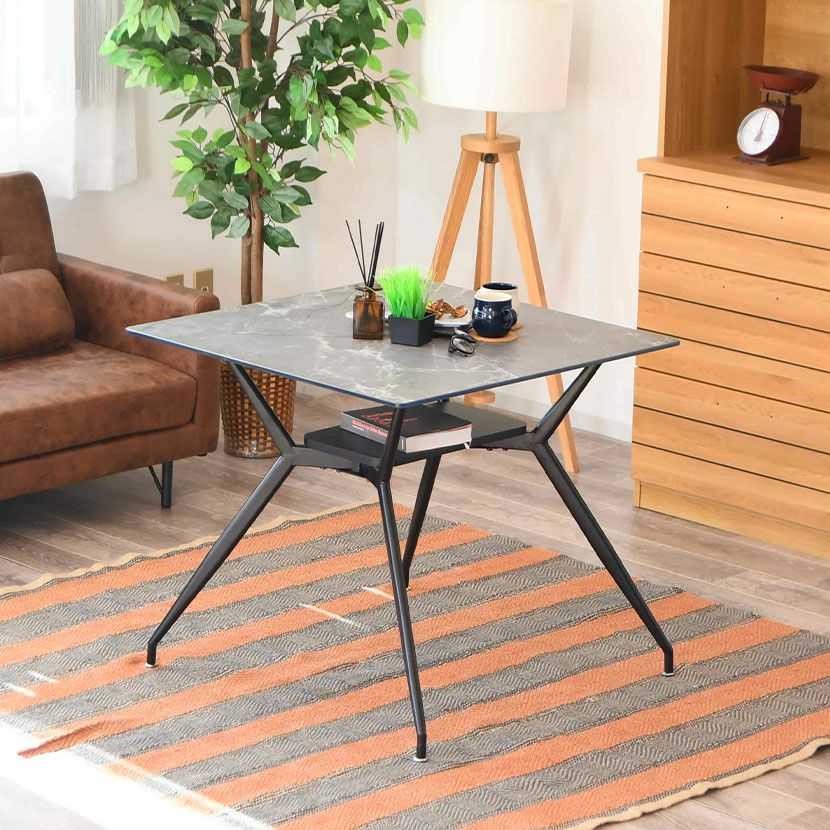 幅80cm ガラス ダイニングテーブル スチール脚 ガラス天板 正方形  