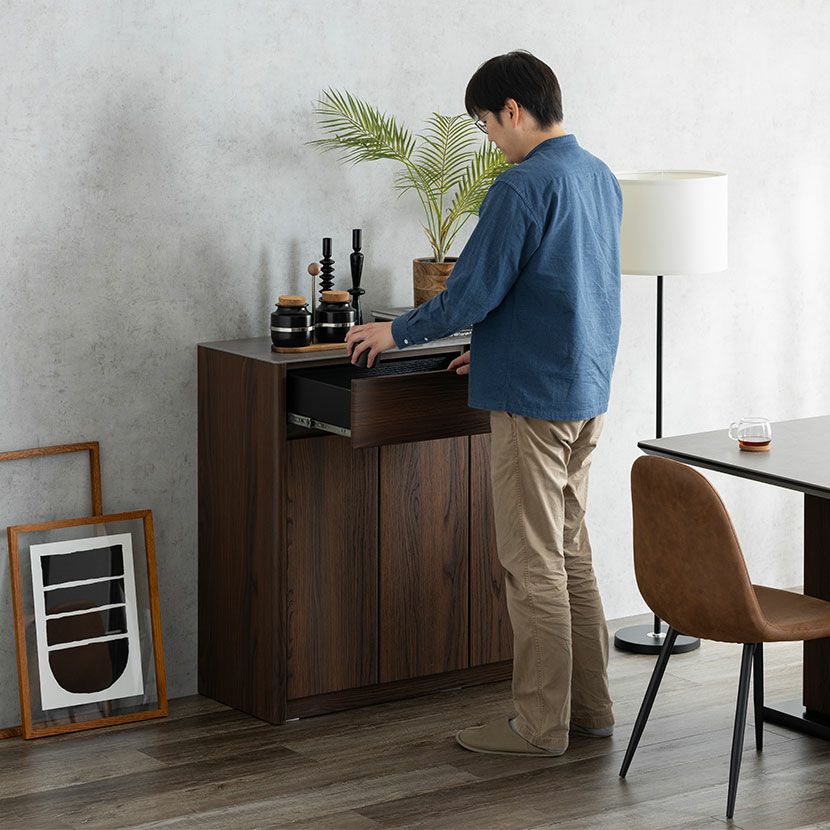 幅95cm サイドボード セラミック天板 木目 引き出し 収納 キッチン