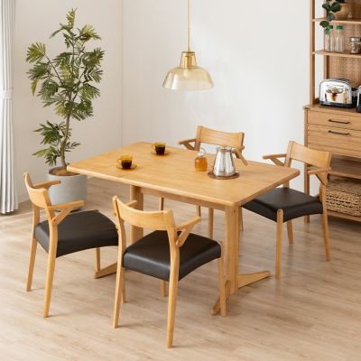 【設置無料】4人用 ダイニングテーブルセット(2本脚) 5点 シンプルスタンダード 木製 テーブル 肘付き コンパクト ダイニングチェア おしゃれ 北欧 (幅130cm 食卓テーブル×1 食卓椅子×4)