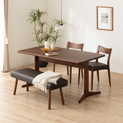 【設置無料】4人用 ダイニングテーブルセット(2本脚) 4点 シンプルスタンダード 木製 テーブル 肘なし ダイニングチェア ダイニングベンチ おしゃれ 北欧 (幅150cm 食卓テーブル×1 食卓椅子×2 ベンチ×1)