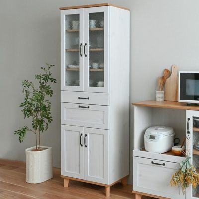 幅58cm 食器棚 ハイタイプ キッチンボード スリム カップボード 引き出し ガラス扉 キャビネット キッチン 収納 棚 おしゃれ 北欧 カントリー ナチュラル ホワイト 白 ルンバブル