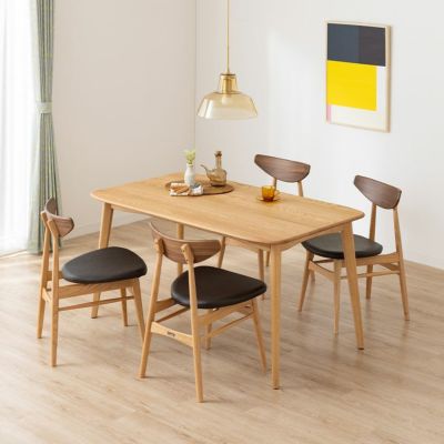 【設置無料】4人用 木製 ダイニングテーブルセット 5点 ビーグル オーク 無垢 テーブル 天然木 肘なし 合皮 ダイニングチェア おしゃれ 北欧 (幅140cm 食卓テーブル×1 食卓椅子×4)