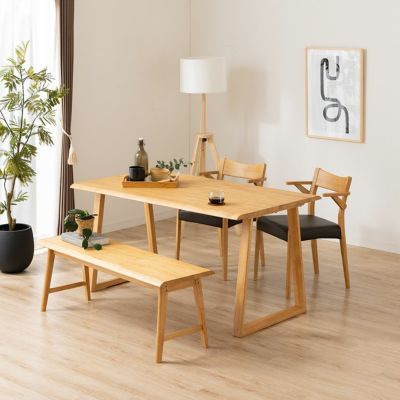 【設置無料】4人用 木製 ダイニングテーブルセット(2本脚) 4点 インスパイア 一枚板風 テーブル 天然木 肘付き コンパクト ダイニングチェア おしゃれ 和モダン (幅140cm 食卓テーブル×1 食卓椅子×2 ダイニングベ