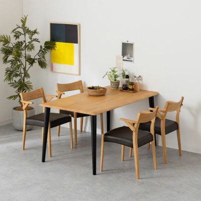 【設置無料】4人用 木製 ダイニングテーブルセット(4本脚) 5点 インスパイア 一枚板風 テーブル 天然木 肘付き コンパクト ダイニングチェア おしゃれ 和モダン (幅140cm 食卓テーブル×1 食卓椅子×4)