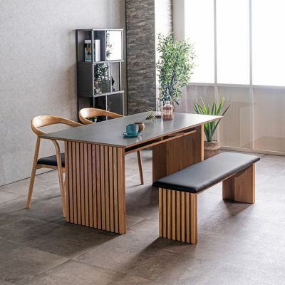 【設置無料】4人用 ダイニングテーブルセット 4点 セラミックテーブル 肘付き 合皮 ダイニングチェア 木製 ダイニングベンチ おしゃれ 和モダン (幅165cm 食卓テーブル×1 食卓椅子×2 ベンチ×1)