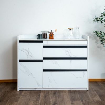 【設置無料】幅120cm 大理石調 キッチンカウンター セラミック天板 引き出し 収納 扉付き コンセント付き レンジ台 モダン 食器棚 おしゃれ シンプル 白 ホワイト グレー 完成品