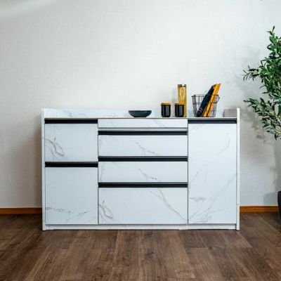 【設置無料】幅150cm 大理石調 キッチンカウンター セラミック天板 引き出し 収納 扉付き コンセント付き レンジ台 モダン 食器棚 おしゃれ シンプル 白 ホワイト グレー 完成品