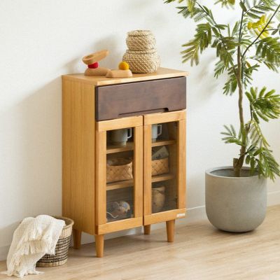 幅58cm 木製 キャビネット Nクレソン ガラス扉付き 棚 引き出し付き リビング収納 脚付き コンパクト カップボード おしゃれ 北欧 ナチュラル ルンバブル