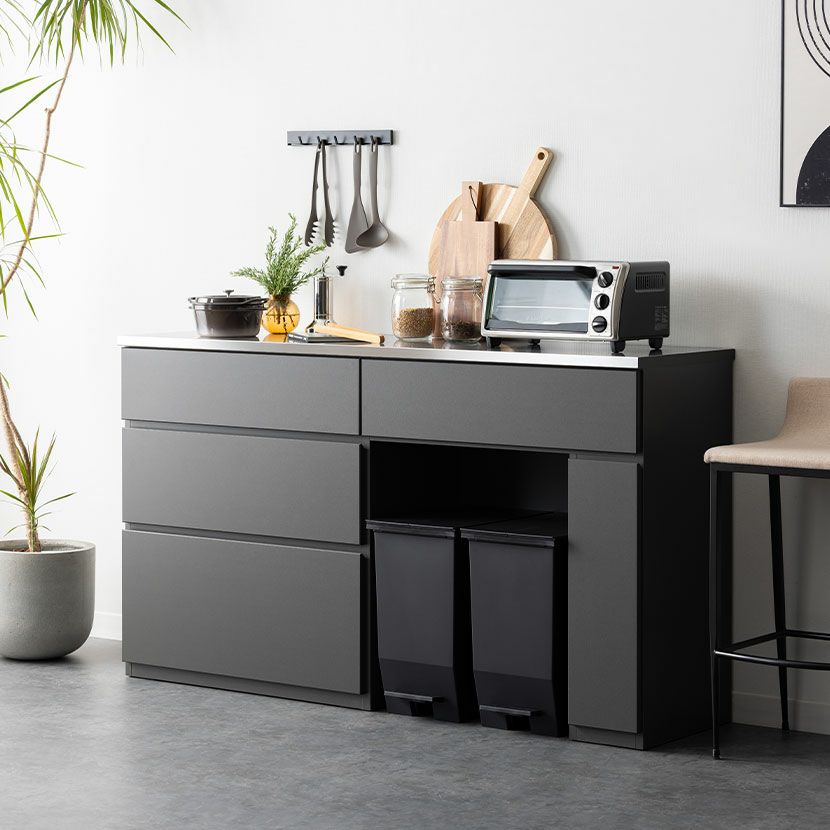 【設置無料】幅160cm ステンレス天板 キッチンカウンター MIRENIA 引き出し 収納 作業台 キッチン棚 ゴミ箱上収納 レンジ台 シンプルモダン 食器棚 おしゃれ 黒 ブラック グレー 日本製 完成品｜¥76,273の動画