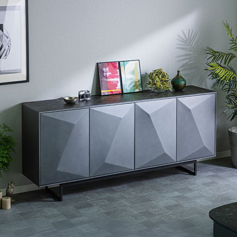 幅180cm サイドボード セラミック天板 石目調 大理石調 収納 棚 扉付き