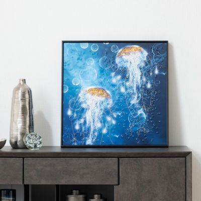 幅51cm クリスタルアート インテリア雑貨 クラゲ 海月 アートパネル モダン 壁掛けアート フレーム付き 壁飾り おしゃれ キラキラ リビング 玄関 青 ブルー 完成品
