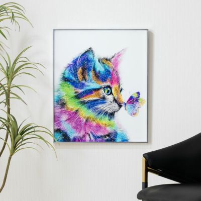 幅51cm クリスタルアート インテリア雑貨 ムギ 猫 動物 アートパネル 壁掛けアート フレーム付き 壁飾り おしゃれ 可愛い キラキラ カラフル リビング 玄関 完成品