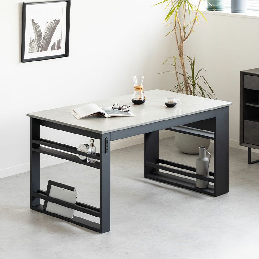 幅140cm コンセント付き ダイニングテーブル FLGA 収納付き 2本脚 モルタル調 石目調 メラミン 長方形 耐熱 シンプル モダン テーブル 4人 食卓テーブル おしゃれ グレー｜¥41,728の動画