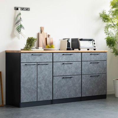 【設置無料】幅180cm キッチンカウンター AURA 日本製 メラミン天板 開き扉 引き出し 収納 作業台 キッチン棚 レンジ台 北欧モダン キッチン収納 食器棚 おしゃれ 黒 ブラック