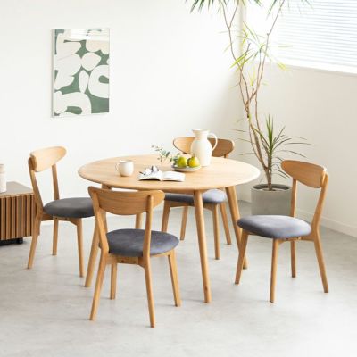 【設置無料】4人用 ダイニングテーブル セット 5点 ホワイトオーク 無垢材 4人掛け 食卓 テーブル リビング椅子 レザーファブリック 布張り 北欧モダン ナチュラル (幅120cm 木製 円形 テーブル×1 チェア×4)